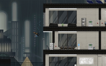 Picture of gunpoint protagonist knocking a guard through a window